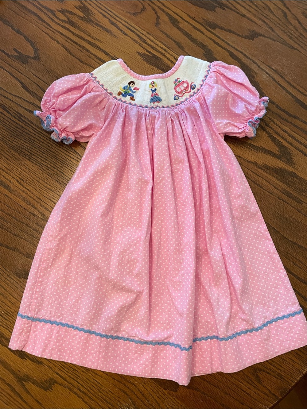 Pink Polka Dot Smocked Dress with Princess embroidery - Picture 2 of 5